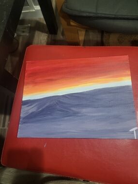 Abstract Sunset Seascape Grey Hills Wall Art Red, Orange & Blue